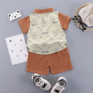 Toddler boys summer set with cartoon short sleeve shirt and matching shorts in brick red