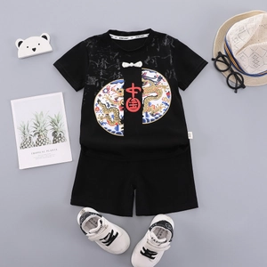 Boys' traditional Chinese summer set featuring a black dragon print T-shirt and shorts