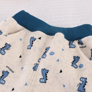 Close-up of kids warm pants with elastic waist and cute blue dinosaur prints