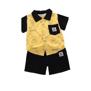 Toddler boys summer two-piece set with yellow cartoon bear shirt and black shorts
