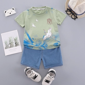 Boys summer outfit with crane print t-shirt and denim shorts set with white sneakers
