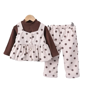 Completo autunnale 3 pezzi bimba con lupetto marrone e gilet e pantaloni a pois beige