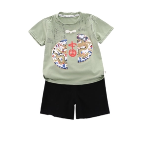 Boys Chinese style summer set with green dragon print top and black shorts