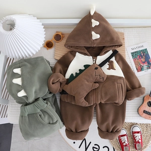 Ensemble à Capuche Dinosaure d'Hiver pour Enfants Veste Polaire Pantalon Ensemble Deux Pièces Tenue de Bébé Style Coréen Mignon