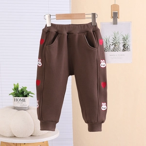 Pantalon d'hiver en coton pour filles doublé polaire avec broderie lapin et cœurs