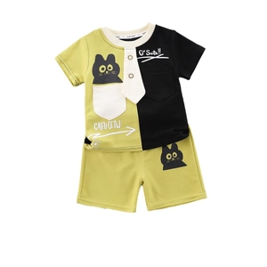 Kids summer two-piece outfit featuring a color-block short-sleeved T-shirt and matching shorts