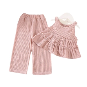 Summer girls' pink sleeveless ruffled top and high-waisted wide-leg cotton pants set