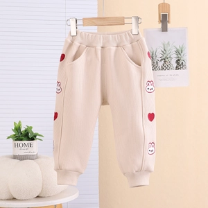 Pantalon d'hiver en coton beige pour filles doublé polaire avec broderie cœur et lapin