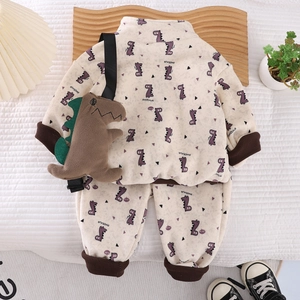 Kids warm fleece tracksuit with purple dinosaur print and matching plush dinosaur bag