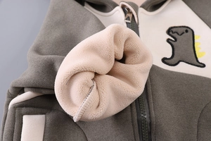 Detail von warmem Fleece-Futter und Dinosaurier-Stickerei auf Jungen Winterjacke