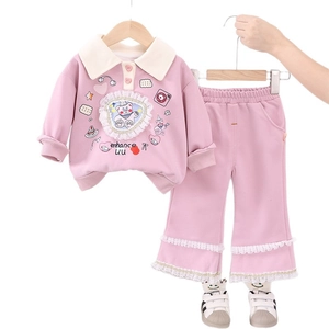 Girls pink casual sweatshirt set with lace trim and cartoon bear pattern details