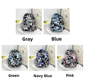 Collage of graffiti backpacks in grey, blue, green, navy blue and pink color options