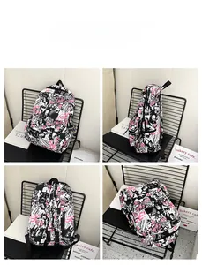 Detailed four-way view showing graffiti canvas backpack front side and back perspective