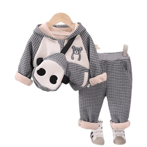 Fleece lined kids grey checkered tracksuit with hoodie and panda crossbody bag