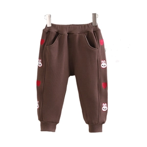 Pantalon en velours côtelé doublé polaire pour fille avec broderie lapin et cœur