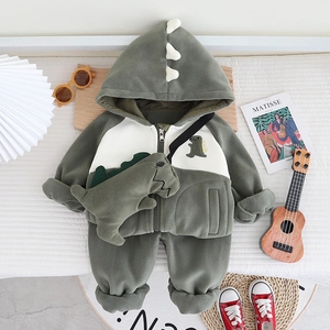 Ensemble d'hiver en polaire pour garçon avec capuche dinosaure et poche en relief