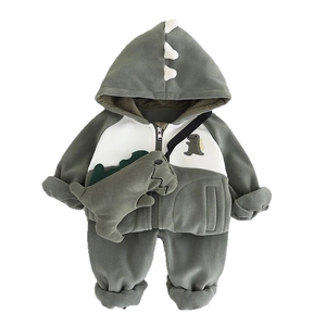 Barboteuse bébé dinosaure en polaire grise avec capuche et petit sac dinosaure mignon