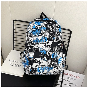 Detail of street-style graffiti backpack with Kill The Night print on oxford fabric