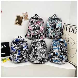 Close-up of graffiti print backpacks in various colors with large capacity and multi-pockets