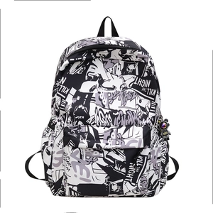 Streetwear backpack for men with black and white graffiti prints and astronaut charm