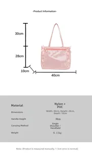 Specifiche dettagliate della borsa tote rosa con dimensioni 40x28x10cm e decori in fiocco
