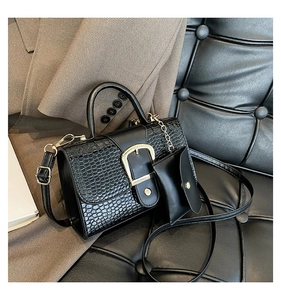 Close-up of black crocodile texture handbag with large square gold buckle and small pouch