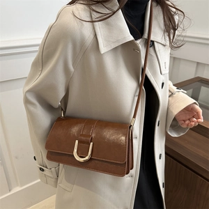 Minimalist brown crossbody bag for women with golden metal U-shaped buckle and strap