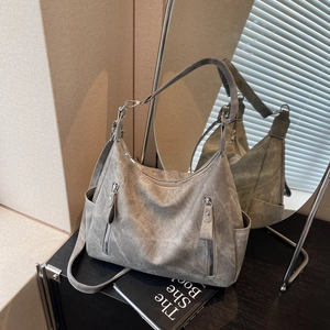 Women Large Capacity PU Leather Shoulder Bag Retro Solid Color Tote Bag With Side Pockets Casual Daily Commute Handbag