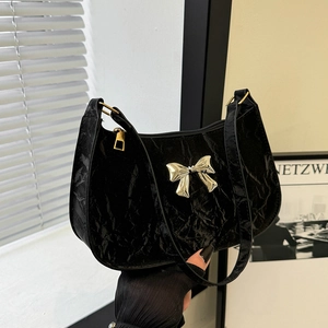 Trendy Women PU Crescent Underarm Bag Bowknot Crinkled Texture Shoulder Bag Fashion Daily Handbag Gift For Ladies