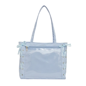 Borsa tote in tela celeste con finestra in PVC trasparente e fiocchi decorativi