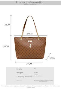 Detailed sizing guide and specifications for the vintage PU leather tote bag in brown