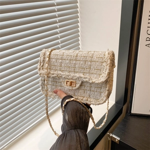 Women Fashion Canvas Tweed Style Shoulder Bag Elegant Chain Strap Crossbody Bag Metal Turn-lock Square Handbag For Daily Commute