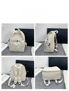 Detailed views of beige minimalist backpack with drawstring pocket and nylon texture