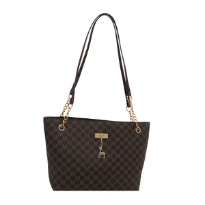Brown tote bag with M-pattern jacquard and golden deer pendant on white background
