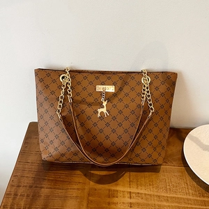 Women Vintage Monogram Tote Bag PU Leather Large Capacity Shoulder Bag With Deer Pendant Chain Strap Fashion Commuting Bag