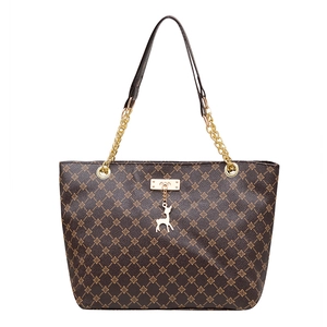 Retro brown monogram tote bag for women with gold deer pendant and chain straps