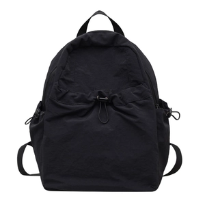 Minimalist black waterproof nylon backpack with drawstring pockets and large capacity