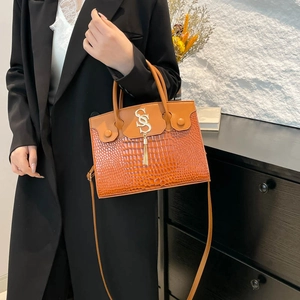 Retro brown crocodile embossed small square bag with gold S-buckle and tassel detail
