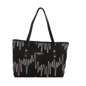 Fashionable black tote bag with quilted texture and colorful zigzag embroidery for women