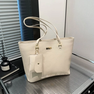Borsa Tote in Pelle PU di Grande Capacità Set da Donna Coreana Semplice Borsa a Tracolla Per Pendolari Con Piccola Pochette Hardware Dorato Motivo Litchi