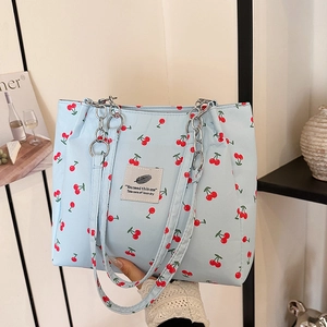 Women Cherry Print Canvas Tote Bag Stylish Metal Chain Strap Large Capacity Shopping Shoulder Bag Casual Handbag For Daily