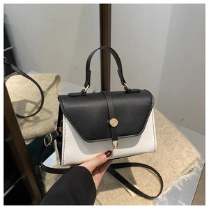 Detailed shot of contrast color handbag with gold circular metal clasp and fine leather texture