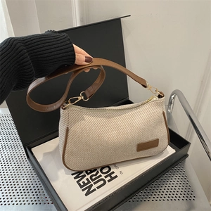 Women's Minimalist Woven Fabric Underarm Bag With PU Leather Trim Fashionable Casual Shoulder Bag Niche Design Handbag