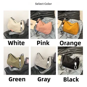 Collage of corduroy shoulder bags in six various colors with striped straps and knot decor