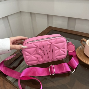 Quilted PU Leather Camera Crossbody Bag With Letter Logo Wide Adjustable Strap Small Square Bag For Women