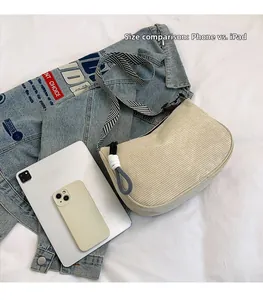 Corduroy tote bag size comparison with iPad and phone showing large capacity