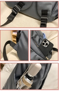 Detail of dark grey backpack featuring hidden back pocket and reinforced adjustable straps