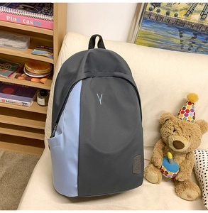 Detail of color-blocked nylon backpack with embroidered logo in a cozy home library setting