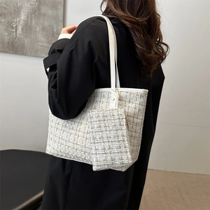 Minimalist cream tweed tote bag for women with matching small zipper pouch accessory