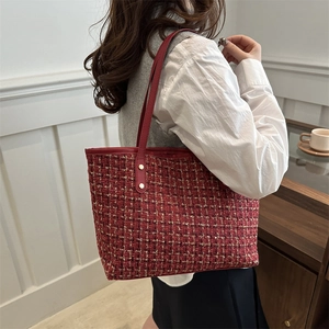 Chic red tweed tote bag with gold thread weaving and leather straps for daily commute